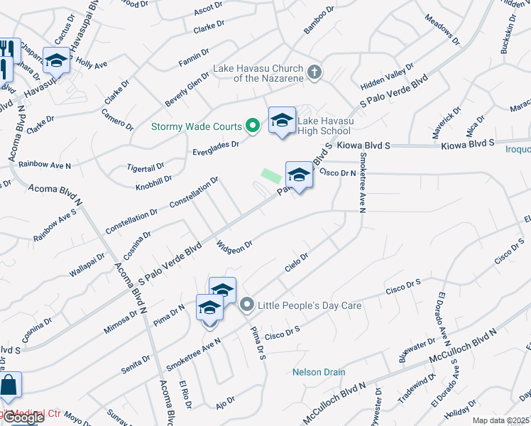 map of restaurants, bars, coffee shops, grocery stores, and more near 2520 Palo Verde Boulevard South in Lake Havasu City