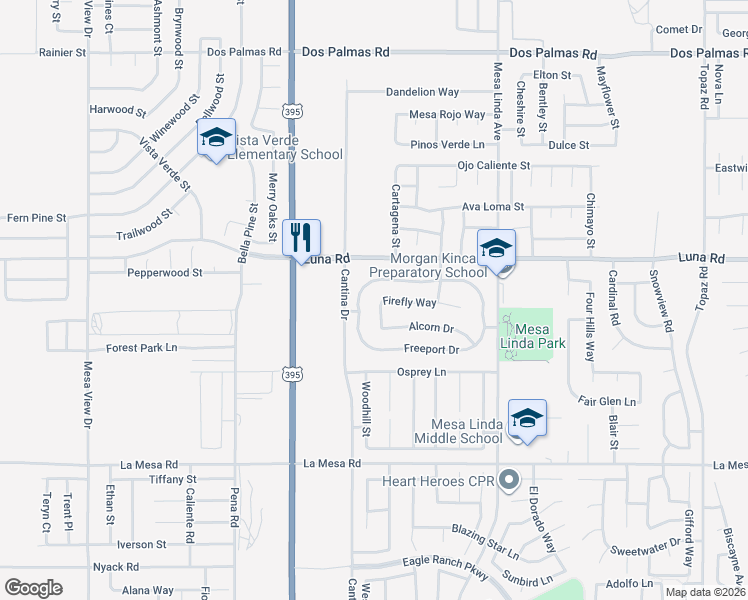 map of restaurants, bars, coffee shops, grocery stores, and more near 13224 Dixon Street in Victorville