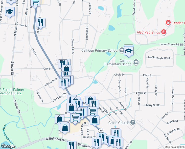 map of restaurants, bars, coffee shops, grocery stores, and more near 136 Peters Street in Calhoun