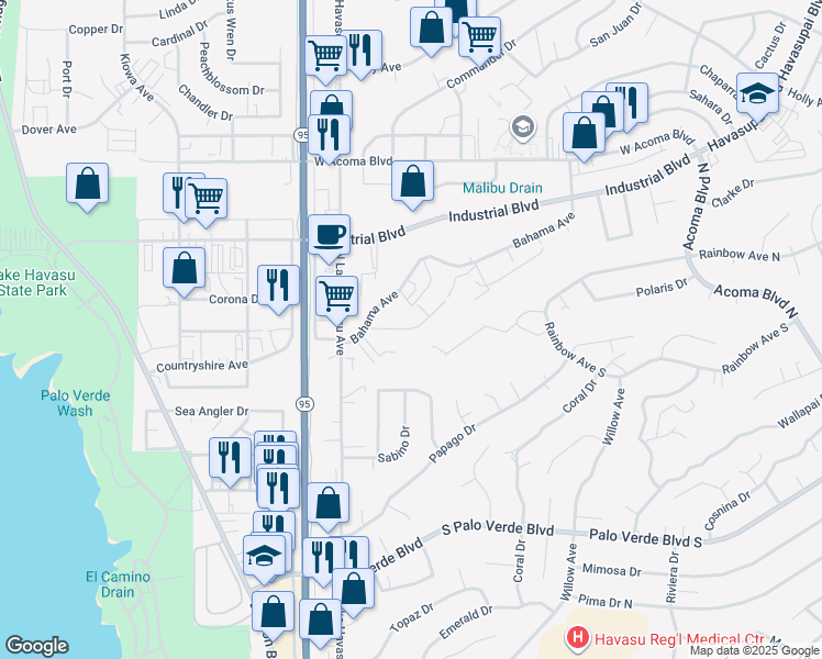 map of restaurants, bars, coffee shops, grocery stores, and more near 1775-1795 Bimini Ln in Lake Havasu City