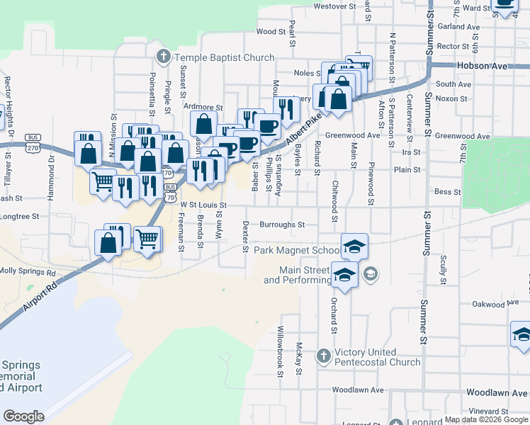 map of restaurants, bars, coffee shops, grocery stores, and more near 1729 West Saint Louis Street in Hot Springs