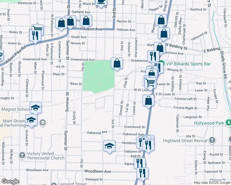 map of restaurants, bars, coffee shops, grocery stores, and more near 403 West Street Louis Street in Hot Springs
