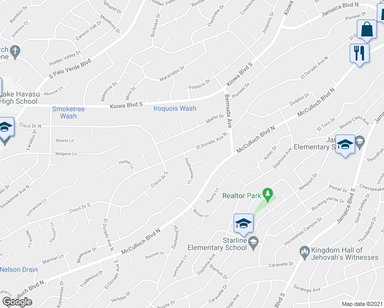 map of restaurants, bars, coffee shops, grocery stores, and more near 3032 El Dorado Avenue North in Lake Havasu City