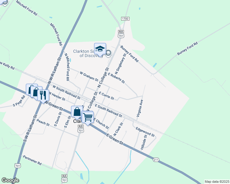 map of restaurants, bars, coffee shops, grocery stores, and more near 134 East Graham Street in Clarkton