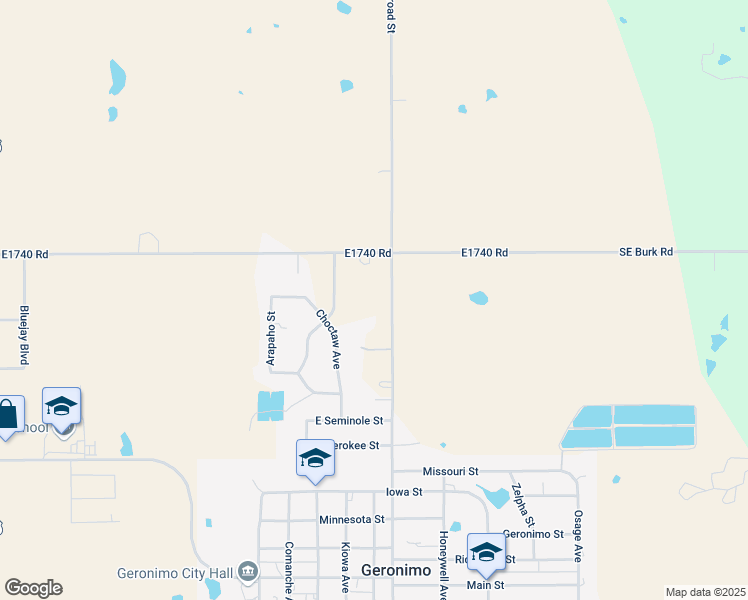 map of restaurants, bars, coffee shops, grocery stores, and more near 11901 N2580 Road in Geronimo