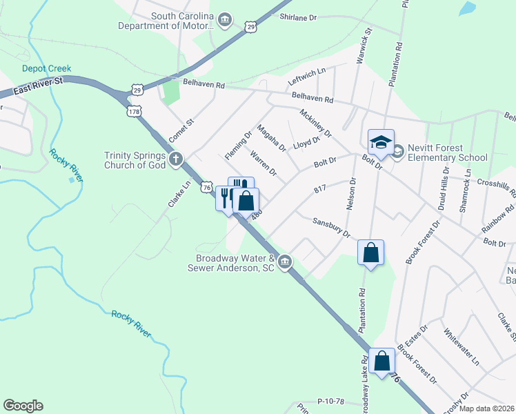 map of restaurants, bars, coffee shops, grocery stores, and more near 1000 480 in Anderson
