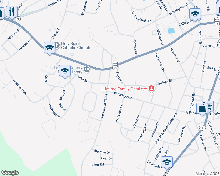 map of restaurants, bars, coffee shops, grocery stores, and more near 119 Pinehaven Street in Laurens