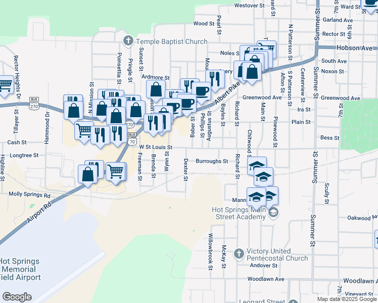 map of restaurants, bars, coffee shops, grocery stores, and more near 1729 West Saint Louis Street in Hot Springs