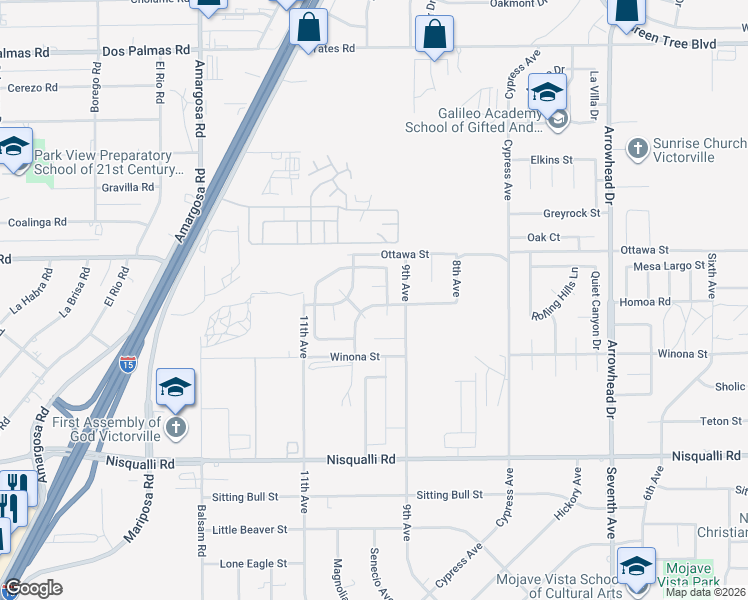 map of restaurants, bars, coffee shops, grocery stores, and more near 15638 Choctaw Street in Victorville