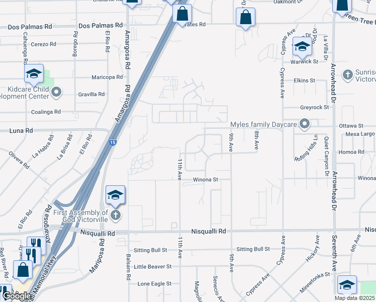 map of restaurants, bars, coffee shops, grocery stores, and more near 15532 Cabazon Street in Victorville
