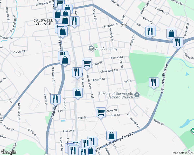 map of restaurants, bars, coffee shops, grocery stores, and more near 217 Falstaff Street in Anderson