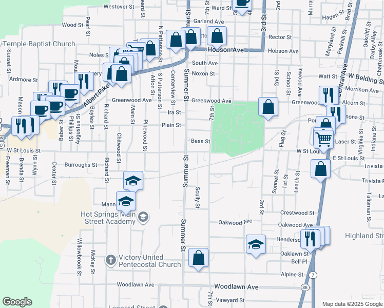 map of restaurants, bars, coffee shops, grocery stores, and more near 1000 Summer Street in Hot Springs