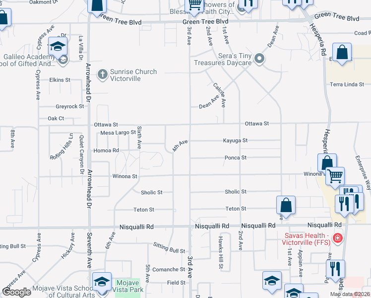 map of restaurants, bars, coffee shops, grocery stores, and more near 13200 3rd Avenue in Victorville