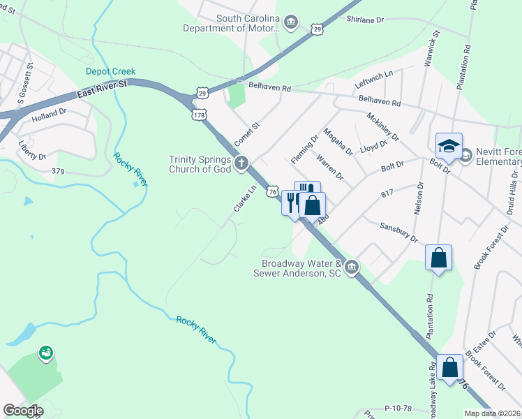 map of restaurants, bars, coffee shops, grocery stores, and more near 2208 East River Street in Anderson
