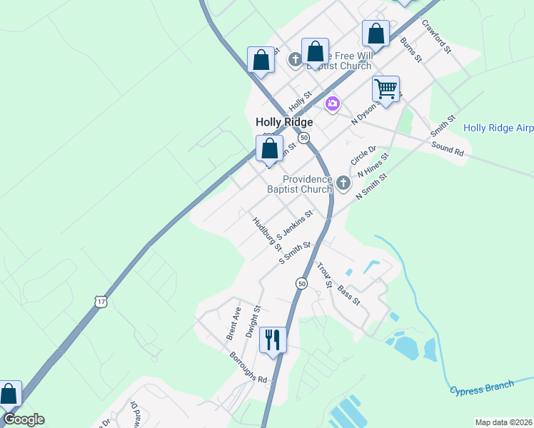map of restaurants, bars, coffee shops, grocery stores, and more near 311 Hines Street in Holly Ridge