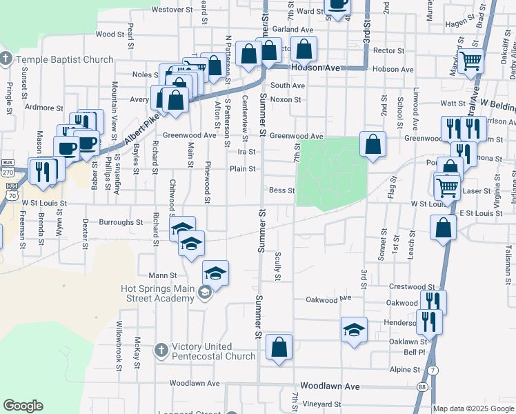 map of restaurants, bars, coffee shops, grocery stores, and more near 1000 Summer Street in Hot Springs