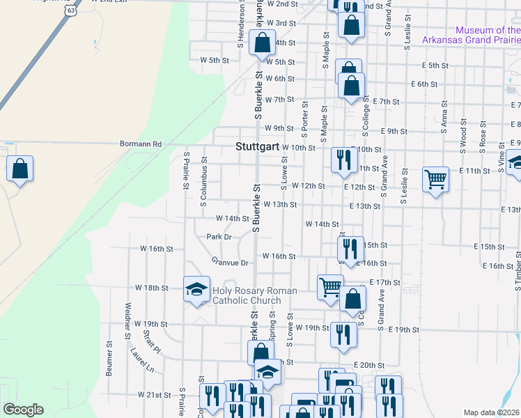 map of restaurants, bars, coffee shops, grocery stores, and more near 1310 South Buerkle Street in Stuttgart