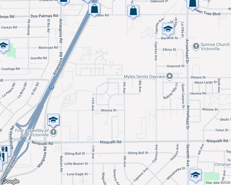 map of restaurants, bars, coffee shops, grocery stores, and more near 15644 Choctaw Street in Victorville
