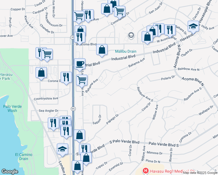 map of restaurants, bars, coffee shops, grocery stores, and more near 1835 Biscayne Lane in Lake Havasu City