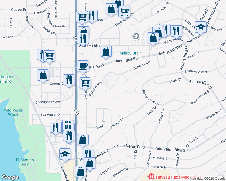 map of restaurants, bars, coffee shops, grocery stores, and more near 1835 Biscayne Lane in Lake Havasu City