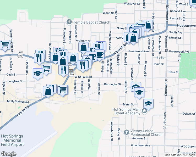 map of restaurants, bars, coffee shops, grocery stores, and more near 1729 West Saint Louis Street in Hot Springs