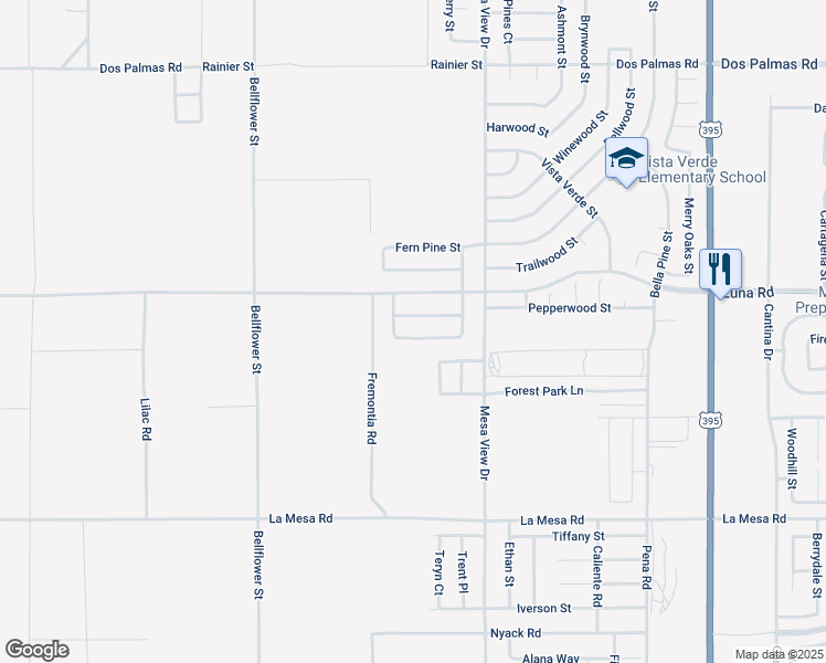 map of restaurants, bars, coffee shops, grocery stores, and more near 11568 Gayneswood Street in Victorville