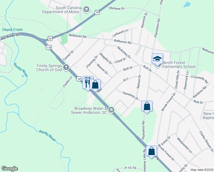 map of restaurants, bars, coffee shops, grocery stores, and more near 1000 480 in Anderson