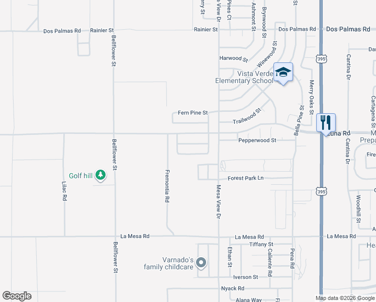 map of restaurants, bars, coffee shops, grocery stores, and more near 11576 Gayneswood Street in Victorville