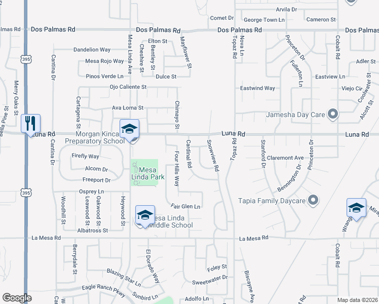 map of restaurants, bars, coffee shops, grocery stores, and more near 13228 Cardinal Road in Victorville