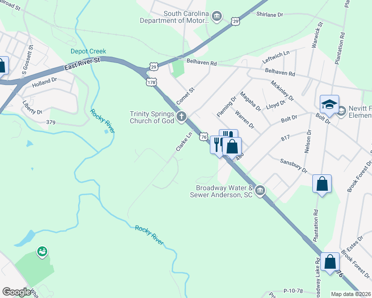map of restaurants, bars, coffee shops, grocery stores, and more near 2208 East River Street in Anderson