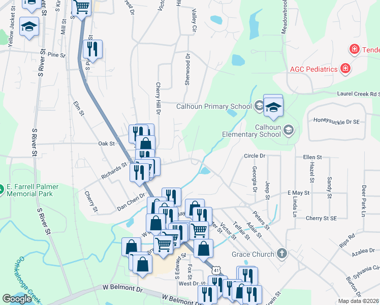 map of restaurants, bars, coffee shops, grocery stores, and more near 136 Peters Street in Calhoun