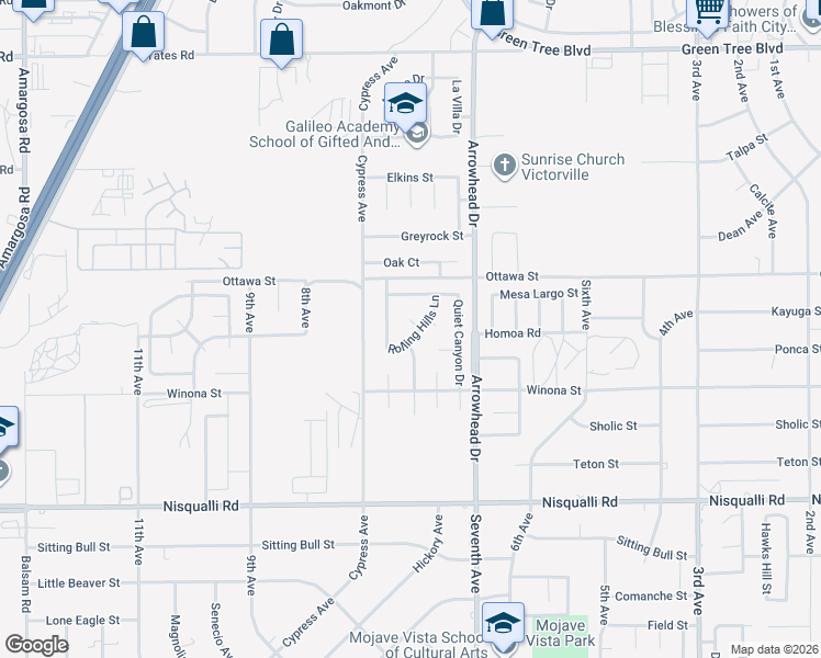 map of restaurants, bars, coffee shops, grocery stores, and more near 13192 Rolling Hills Lane in Victorville