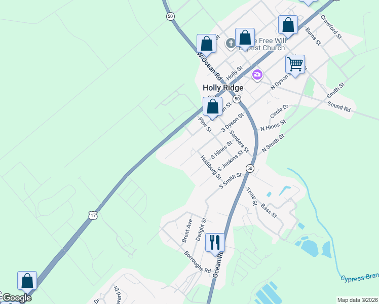 map of restaurants, bars, coffee shops, grocery stores, and more near 405 Oak Street in Holly Ridge