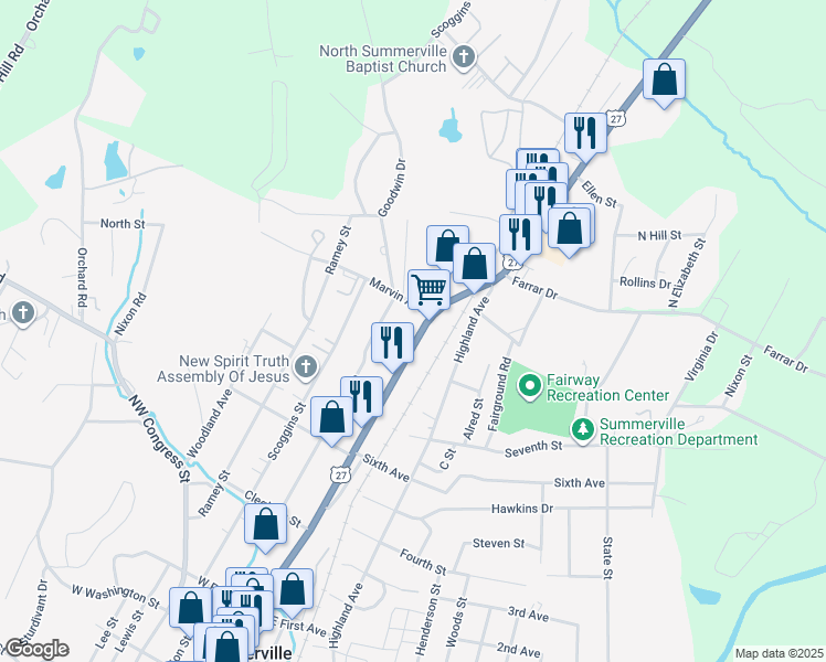 map of restaurants, bars, coffee shops, grocery stores, and more near 10891 Commerce Street in Summerville