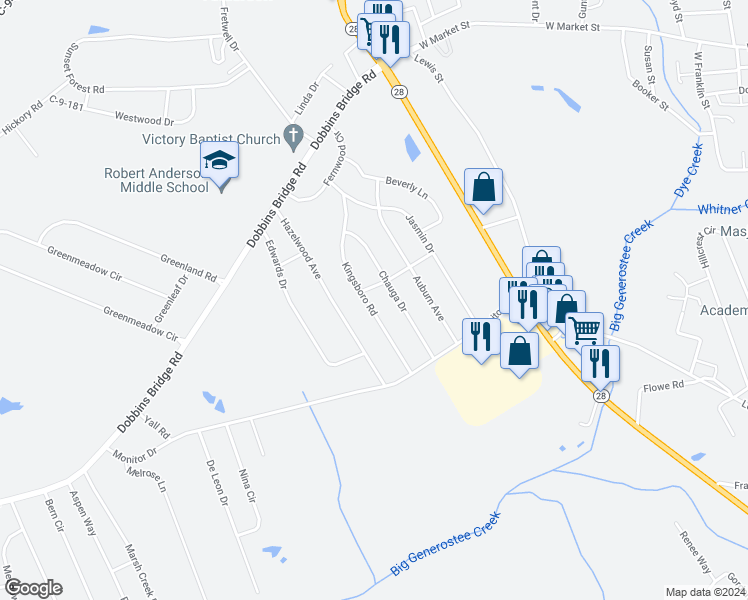 map of restaurants, bars, coffee shops, grocery stores, and more near 301 Kingsboro Road in Anderson