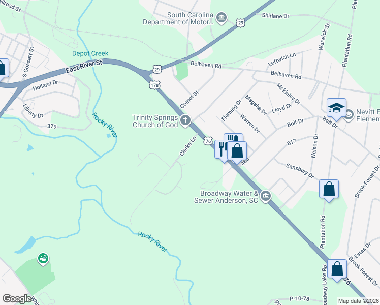 map of restaurants, bars, coffee shops, grocery stores, and more near 2208 East River Street in Anderson