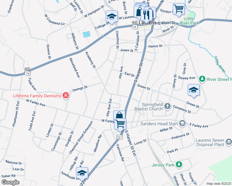 map of restaurants, bars, coffee shops, grocery stores, and more near 204 Academy Street in Laurens