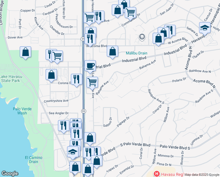 map of restaurants, bars, coffee shops, grocery stores, and more near 1775 Bimini Lane in Lake Havasu City