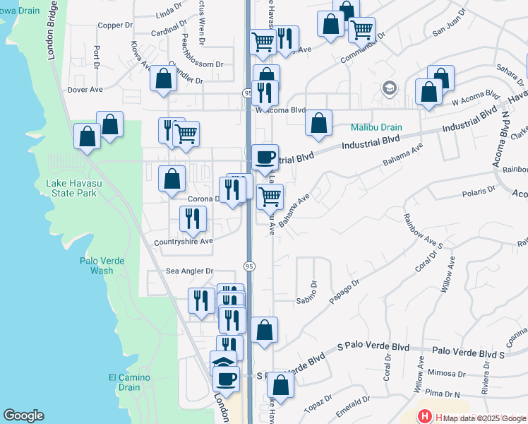 map of restaurants, bars, coffee shops, grocery stores, and more near 549 North Lake Havasu Avenue in Lake Havasu City