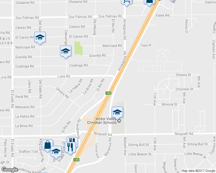 map of restaurants, bars, coffee shops, grocery stores, and more near 13230 Amargosa Road in Victorville