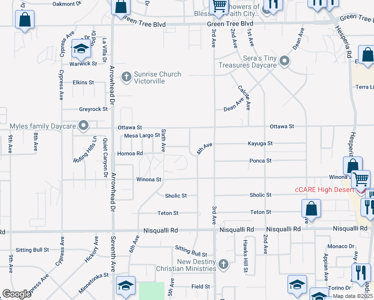 map of restaurants, bars, coffee shops, grocery stores, and more near 16393 Appletree Lane in Victorville