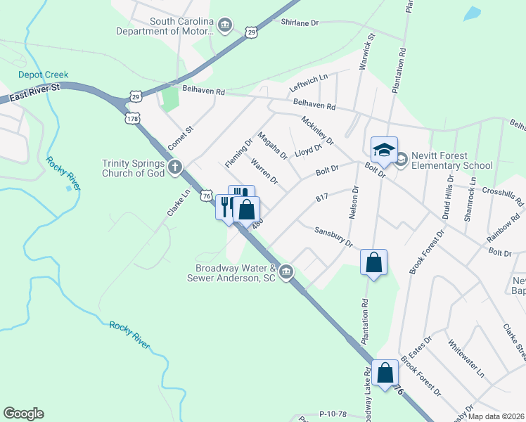 map of restaurants, bars, coffee shops, grocery stores, and more near 1000 480 in Anderson