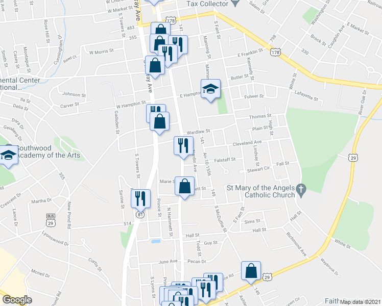 map of restaurants, bars, coffee shops, grocery stores, and more near 1504 Nardin Ave in Anderson