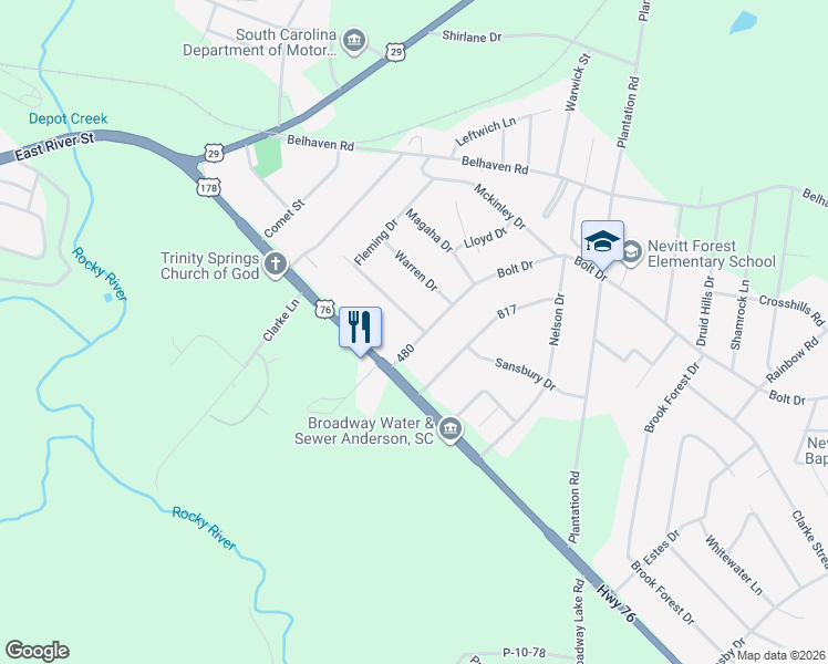 map of restaurants, bars, coffee shops, grocery stores, and more near 1000 480 in Anderson