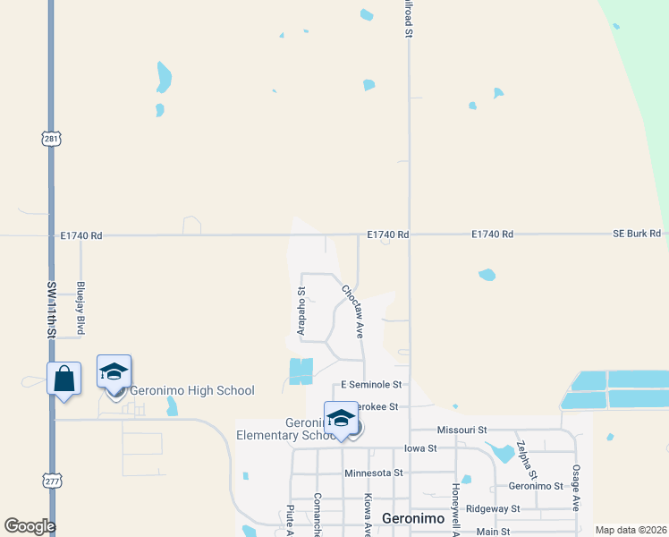 map of restaurants, bars, coffee shops, grocery stores, and more near 401 Choctaw Avenue in Geronimo