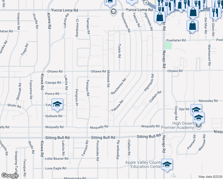 map of restaurants, bars, coffee shops, grocery stores, and more near 13177 Mohawk Road in Apple Valley