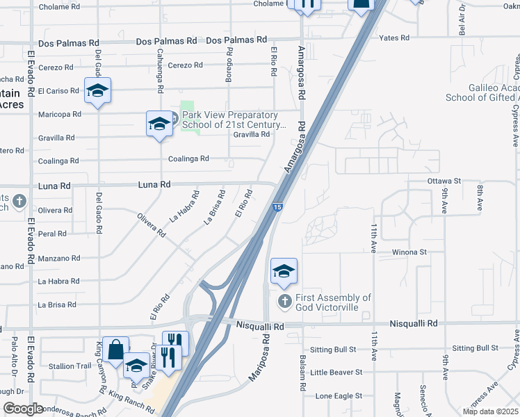map of restaurants, bars, coffee shops, grocery stores, and more near 13230 Amargosa Road in Victorville