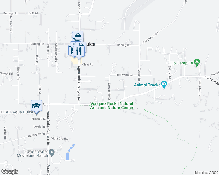 map of restaurants, bars, coffee shops, grocery stores, and more near Escondido Drive in Agua Dulce