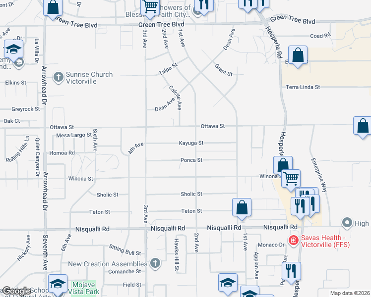 map of restaurants, bars, coffee shops, grocery stores, and more near 16657 Kayuga Street in Victorville