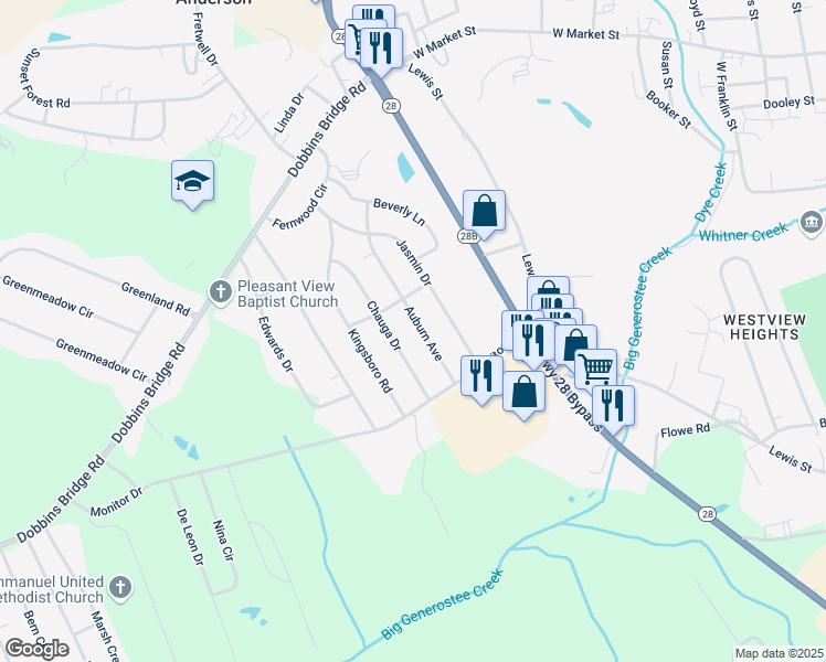 map of restaurants, bars, coffee shops, grocery stores, and more near 506 Auburn Avenue in Anderson